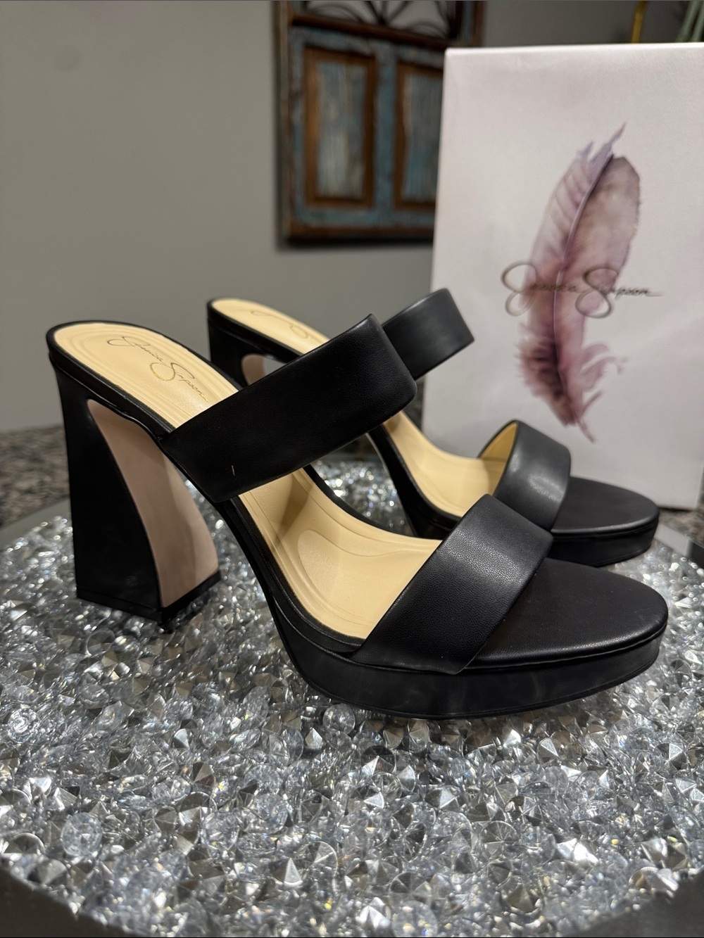 Jessica Simpson Dizza Black Double-Band Platform Block Heels NEW 9.5 - Picture 5 of 14